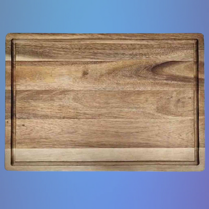 Acacia Wood Cutting Board, 19.5inx14inx1in  Care instructions:  Hand Wash thoroughly before and after use.  Avoid abrasive cleaners.  Do not use over open flame.  Avoid cross-contamination of all food prep equipment.  Do not soak in water or exposed to heat or sunlight.  Wash with running water and dry after use.