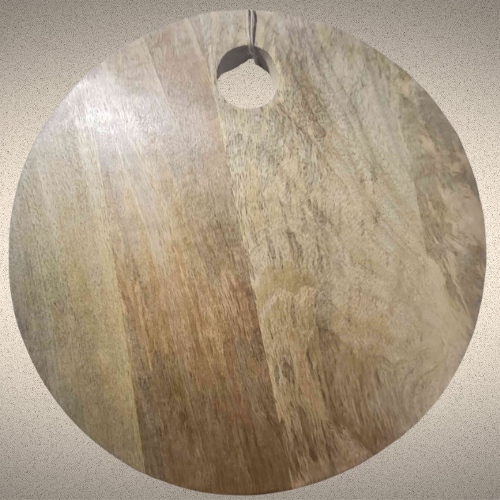 Boho Living, Mango Wood Cutting Board 12in diameter  Care instructions:  Wash thoroughly before and after use. Avoid cross-contamination of all food prep equipment.  Do not soak in water or exposed to heat or sunlight. Wash with running water and dry after use.