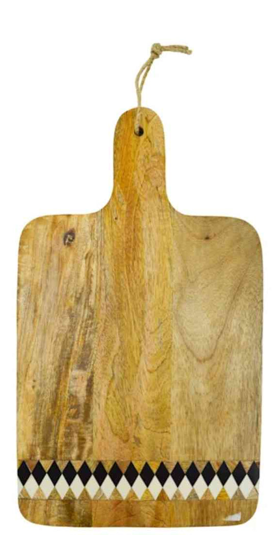 Honeysuckle Homestead Wood Serving Board12" (16" with handle) x 9.25" x 0.6"      Care instructions:  Hand Wash thoroughly before and after use.  Avoid abrasive cleaners.  Do not use over open flame.  Avoid cross-contamination of all food prep equipment.  Do not soak in water or exposed to heat or sunlight.  Wash with running water and dry after use.  Not for use in a microwave or dishwasher. 