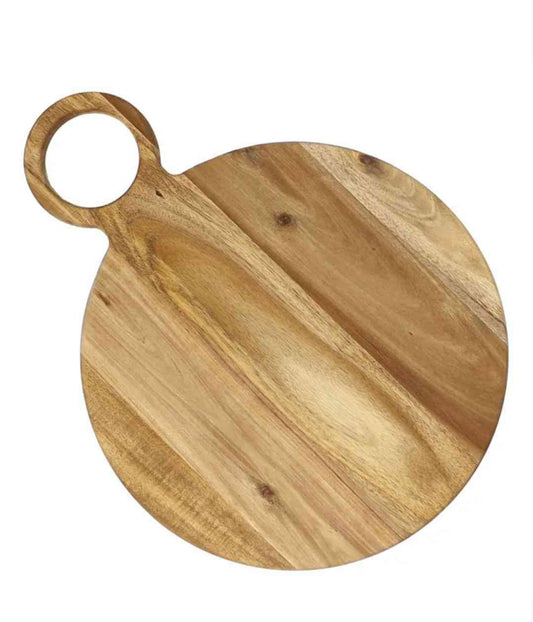Round Decorative Cheeseboard With Round Handle (AH) - 16" x 12"  x  0.6" - 12" diameter     Care instructions:  Hand Wash thoroughly before and after use.  Avoid abrasive cleaners.  Do not use over open flame.  Avoid cross-contamination of all food prep equipment.  Do not soak in water or exposed to heat or sunlight.  Wash with running water and dry after use.  Not for use in a microwave or dishwasher. 